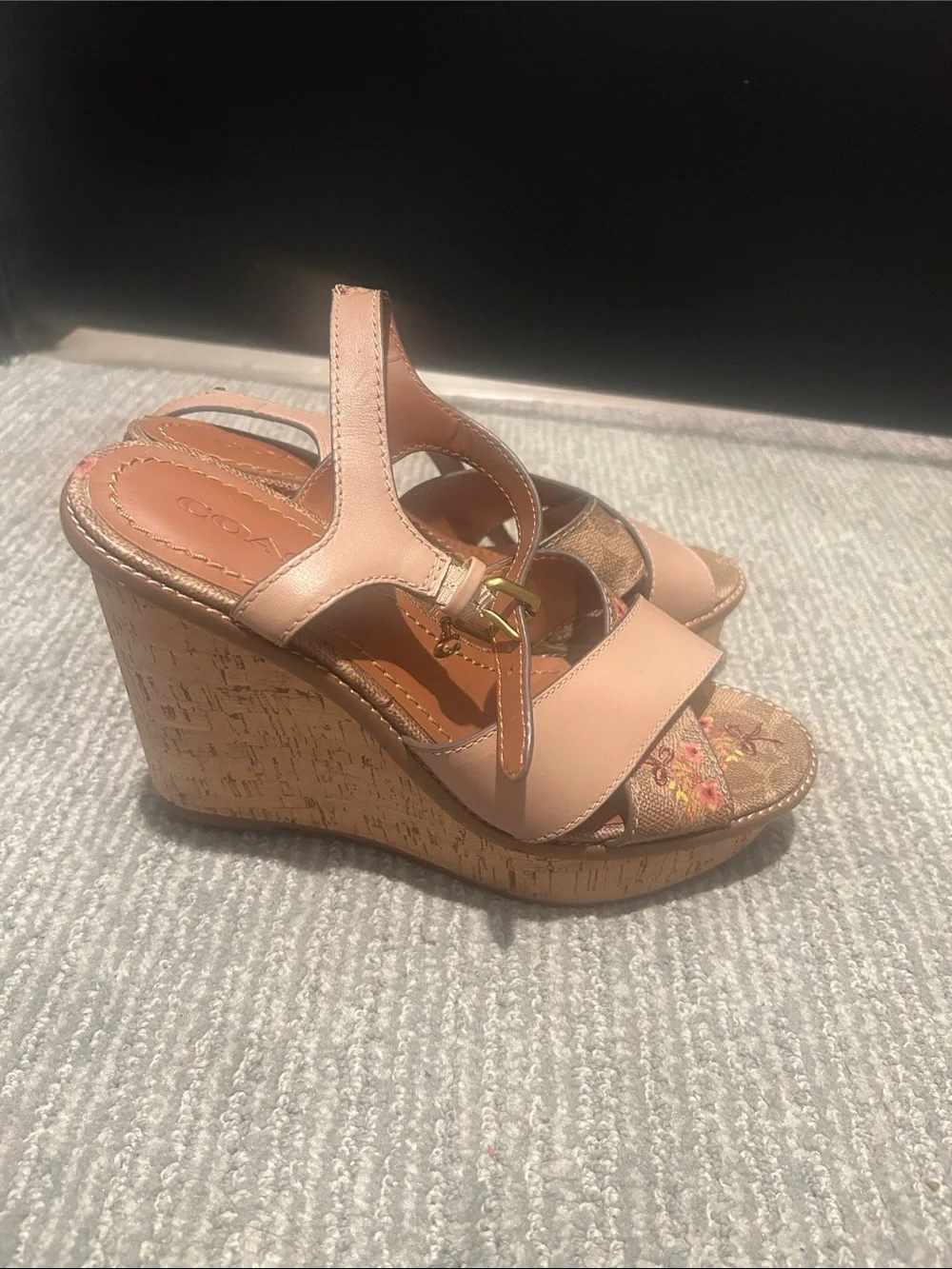 Coach Pink Leather Wedge Sandals with Embroidered Canvas